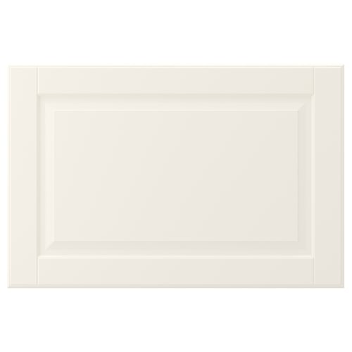 An off-white cabinet door with a bevelled panel, smooth lacquered surface, and traditional design. It is rectangular with a simple frame.