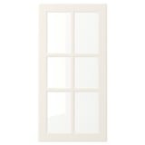 A white BODBYN door with a classic design and bevelled panels for a traditional look. It has a smooth, lacquered finish and tempered glass panels.