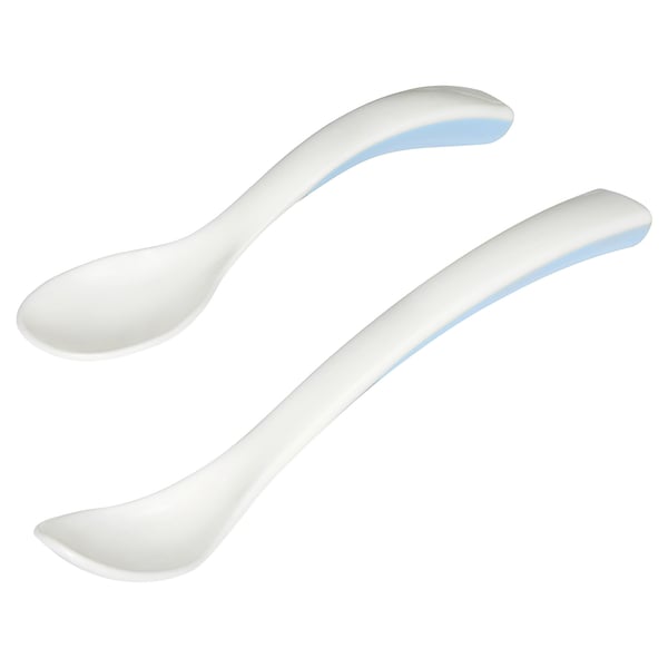 Two white spoons, one curved, one long with blue tips, for baby feeding.
