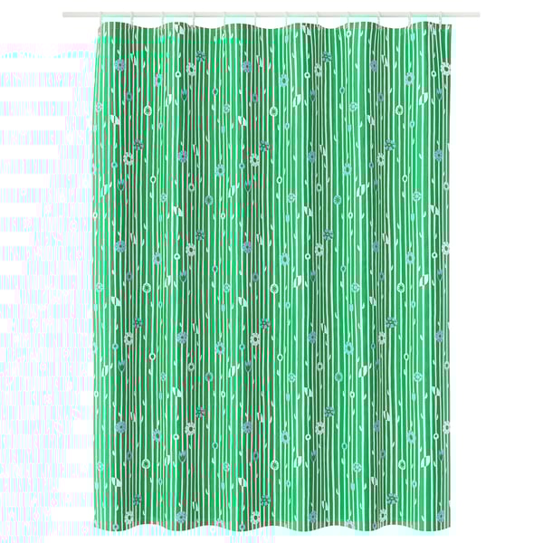 Green shower curtain with small floral pattern, stripes, and water-repellent surface.