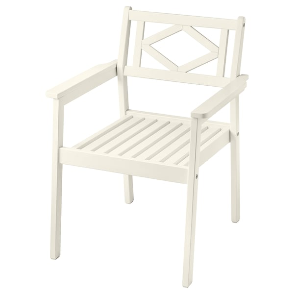 A BONDHOLMEN white wooden chair with armrests. It has a diamond-shaped back design and slatted seating.