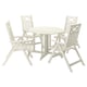 Image shows a white outdoor patio set with a table and four folding chairs, ideal for small spaces.