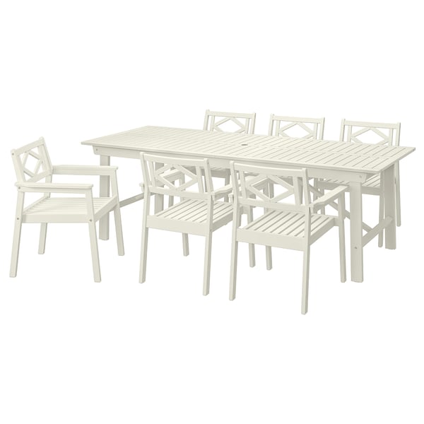 BONDHOLMEN set: white outdoor dining table and 6 chairs, wood, clean lines.