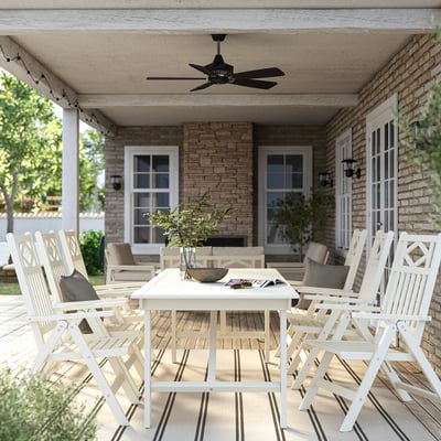 Outdoor dining set with table, 8 folding chairs, ceiling fan, green background