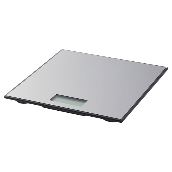 BORSÅN digital scale, silver. Sleek design with glass top and dark edges. Shows weight in kg, pounds, stones.