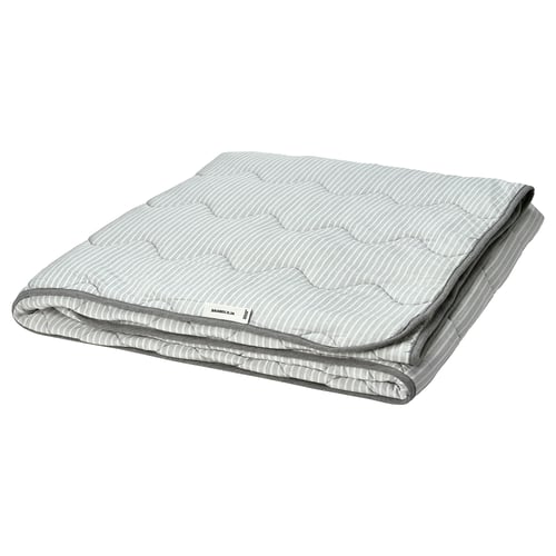BRANDLILJA grey striped quilt with cool-touch side, grey trim, rectangular.