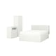 Image shows white BRIMNES bedroom set: bed, chest, wardrobe. Modern, smart storage design.