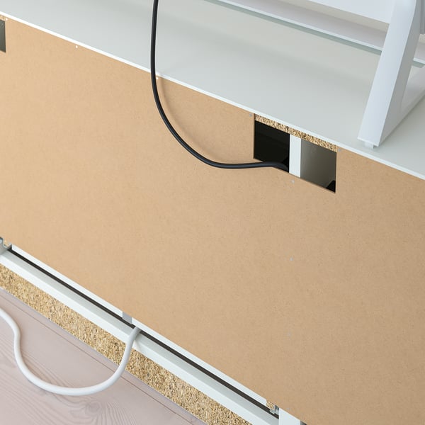 Tv bench with adjustable shelves, cable management, and storage drawers. Supports tvs up to 72 inches with cable outlets.