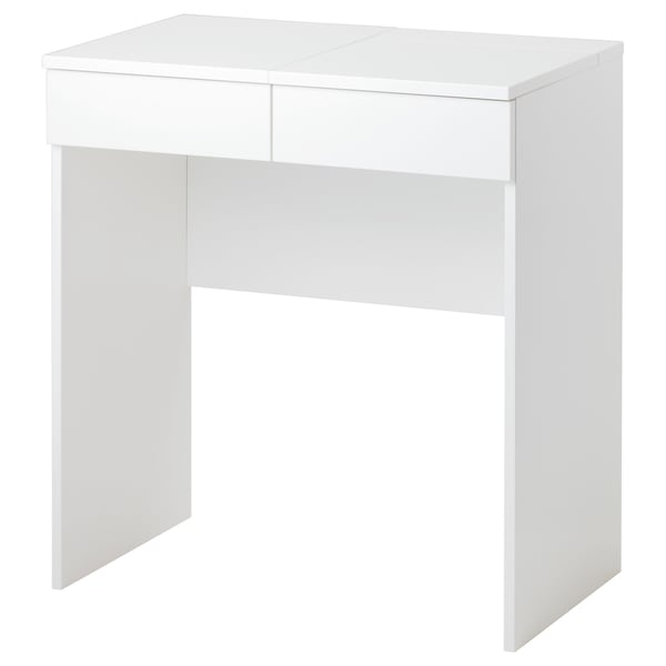 BRIMNES white desk, minimalist design, rectangular shape, one drawer, mirror top.