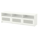 A BRIMNES tv bench in white with glass doors and open shelves. Modern design provides storage for media accessories.