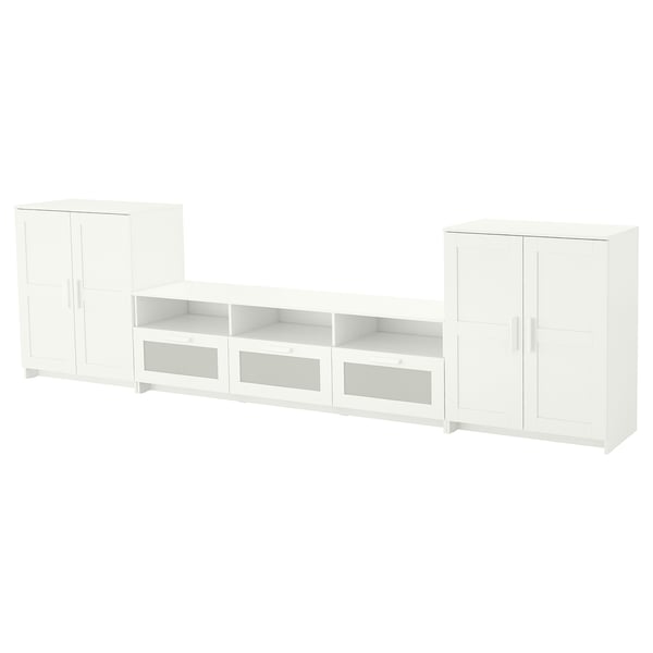 A white BRIMNES tv unit with cabinets and drawers for storage.