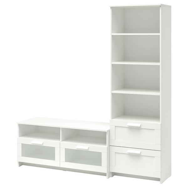 White BRIMNES tv stand & bookcase combo, modern and sleek with glass and wooden drawers, adjustable shelves for organised storage.