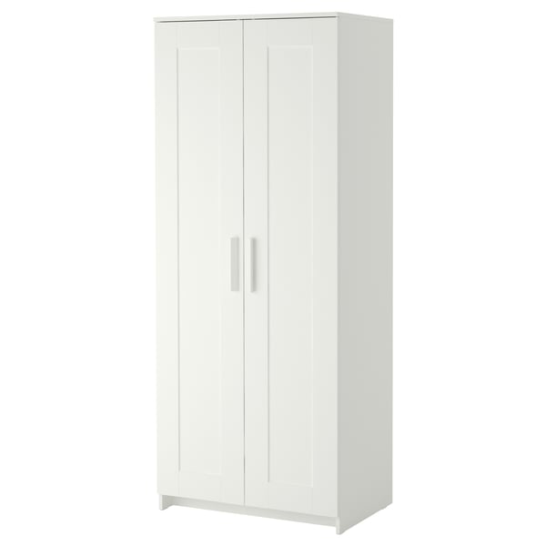 Displays a white wardrobe named BRIMNES with dual doors for efficient storage, ideal for small spaces.