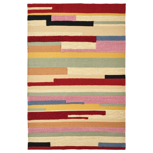 BRÖNDEN rug, multi-colored stripes and geometric pattern, oval shape, handwoven wool and cotton.