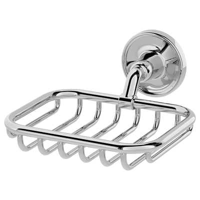 Chrome-plated wall soap dish with shiny, shiny metal grid design, for bathroom.