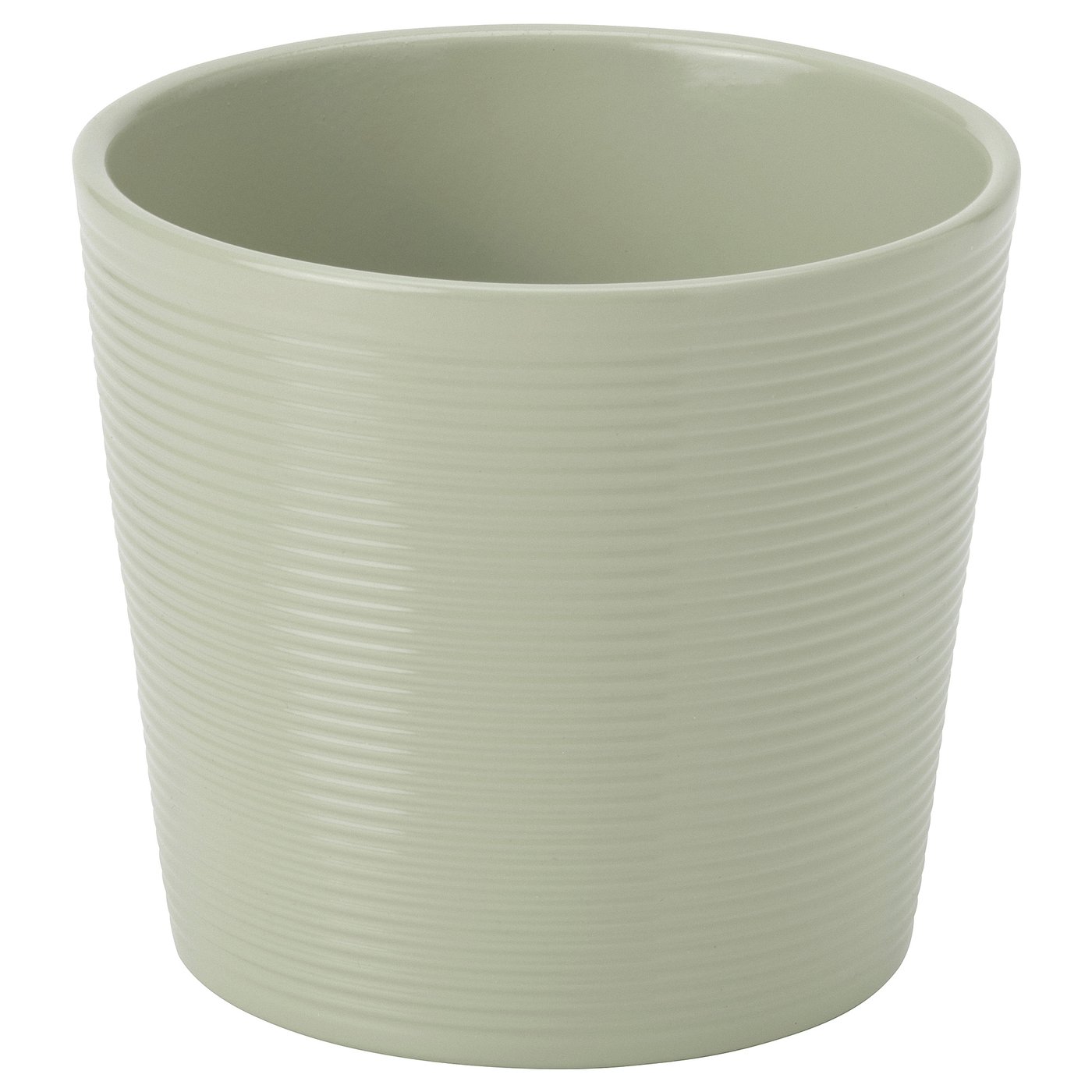 Green striped planter, cylindrical, earthenware powder coat.