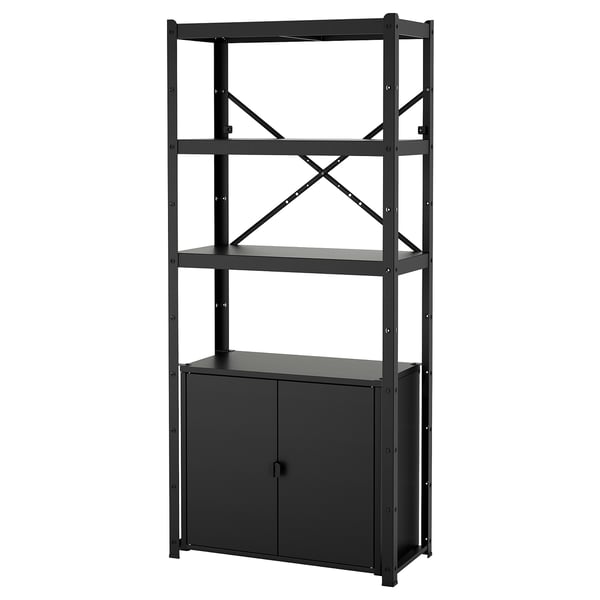 BROR: black metal storage unit. Three open shelves, one cabinet. Sturdy, versatile, and moisture-resistant.