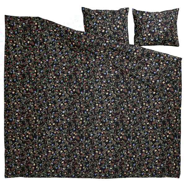 BRUDKRUSBÄR: black duvet & 2 pillows, floral print, organic cotton.