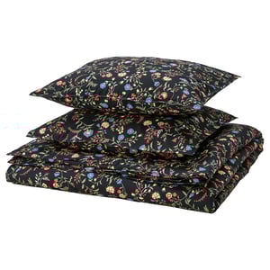 BRUDKRUSBÄR bedding set: black with colourful floral patterns, folded on white background.