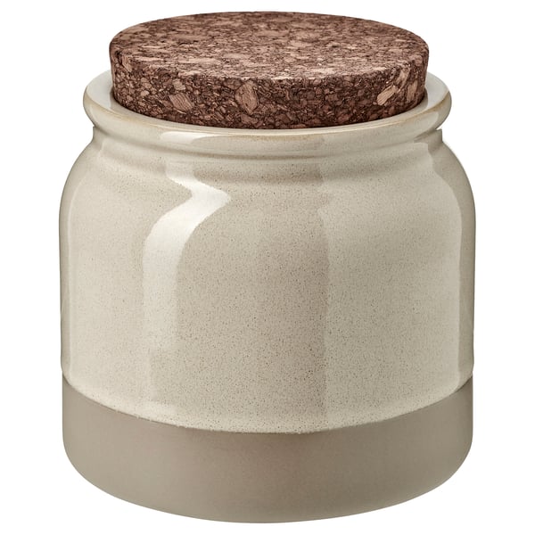 BRUGDHAJ jar, off-white, stoneware with glaze, round, cork lid.