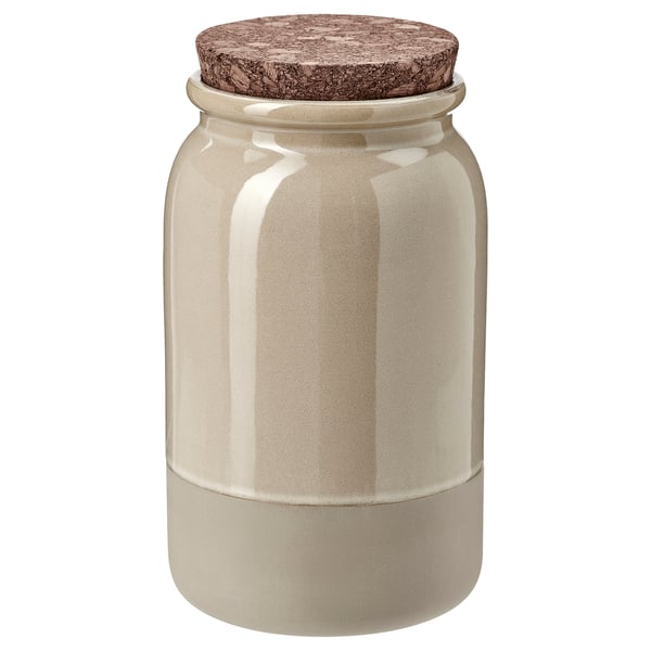 BRUGDHAJ jar: beige storage with cork lid, decorative & practical.