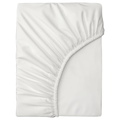 A BRUKSVARA fitted sheet in white by IKEA, made of recycled polyester, featuring a smooth texture and fitted edges.