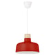BUNKEFLO pendant, red metal shade, birch top, hangs from white cord.
