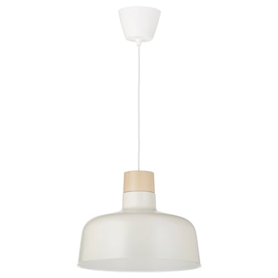 BUNKEFLO pendant lamp: white, metal and birch, dome shape, minimalist design.