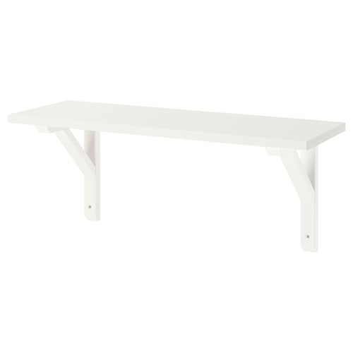 Wall-mounted white shelf with smooth surface and angle supports.