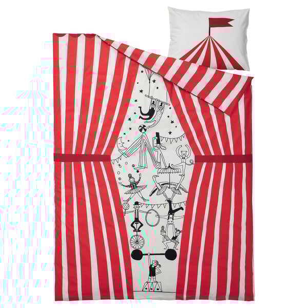 Circus-themed red and white striped bedding set with drawn performers.