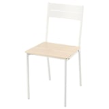 A white buslatt chair. It has a metal frame with a tilted backrest and wooden seat. The design is modern and minimalist, ideal for small spaces.