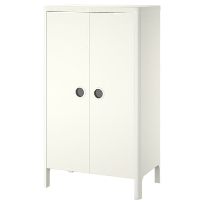 A white BUSUNGE wardrobe with two doors and circular cutout handles, supported by four thin legs.