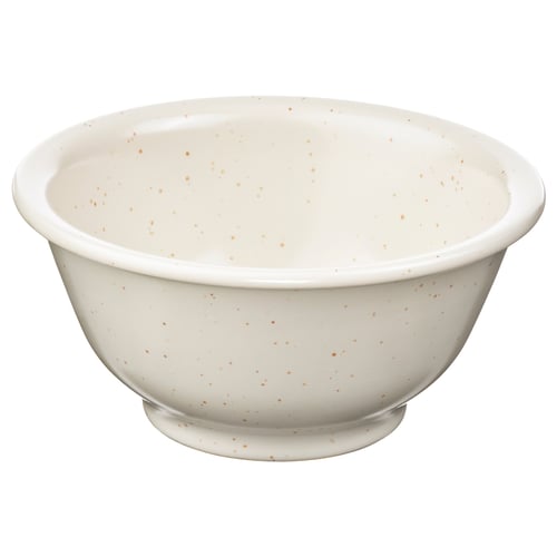Dagaster white bowl w/ orange specks, stoneware, rounded shape w/ sturdy edge.