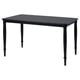 Black rectangular dining table. Four straight legs, sleek design. Durable lacquered mdf top, sturdy steel legs.