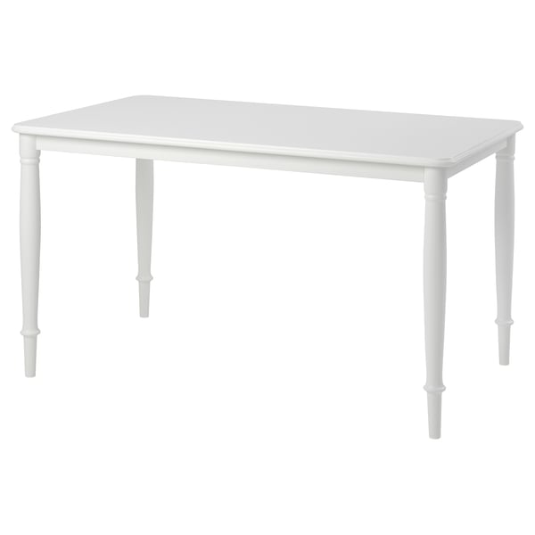 White rectangular dining table, four sturdy steel legs, smooth tabletop, modern traditional design.