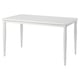 White rectangular dining table, four sturdy steel legs, smooth tabletop, modern traditional design.