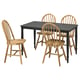 Black square dining table with four wooden chairs. Classic design with wooden backs and legs.