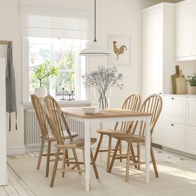 White & natural wood DANDERYD dining set with table & 4 chairs, rooster decor.