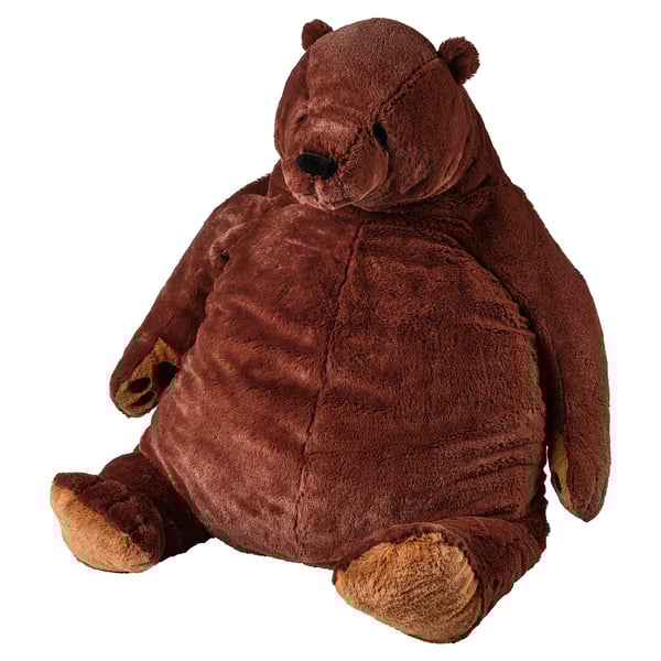 Large plush brown bear, soft and huggable, made of recycled polyester, sitting with open arms.