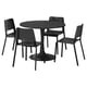 A black DOCKSTA dining set with round table and 4 stackable chairs, metal base, smooth top, modern seats, flexible backs.