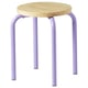 IKEA DOMSTEN stool, light purple, round wooden seat, four curved legs.