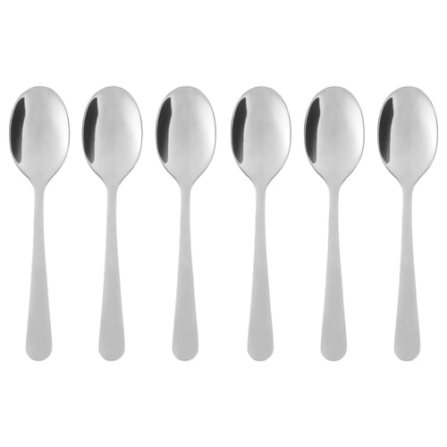 Six stainless steel spoons in a neat row, reflecting light with a polished finish, simple and classic design.