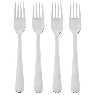 Four shiny chrome forks arranged neatly in a row. Simple, sleek design with smooth handles and four prongs each. Part of the DRAGON cutlery set.