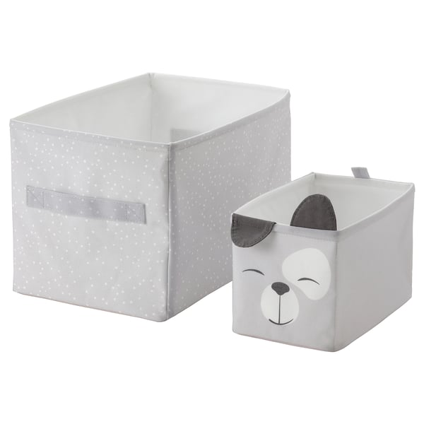 DRÖMSLOTT, grey fabric boxes with bear design. Square shape, collapsible, made from recycled polyester for storage.