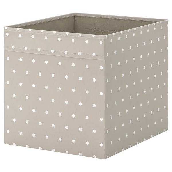 DRÖNA box, grey, cubical, white polka dots, fabric with recycled polyester.