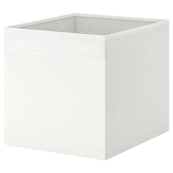 White DRÖNA storage box, square shape, made of recycled polyester, fits kallax shelving.