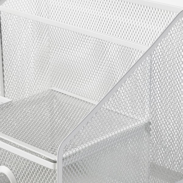 White mesh desk organiser with multiple compartments, sturdy metal construction.