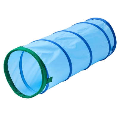 Blue and green play tunnel for kids, lightweight, cylindrical with ribbed design.