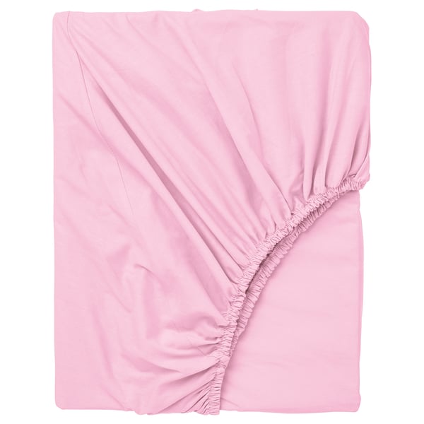 Soft pink DVALA cotton fitted sheet, neat ruffled edges, square shape.