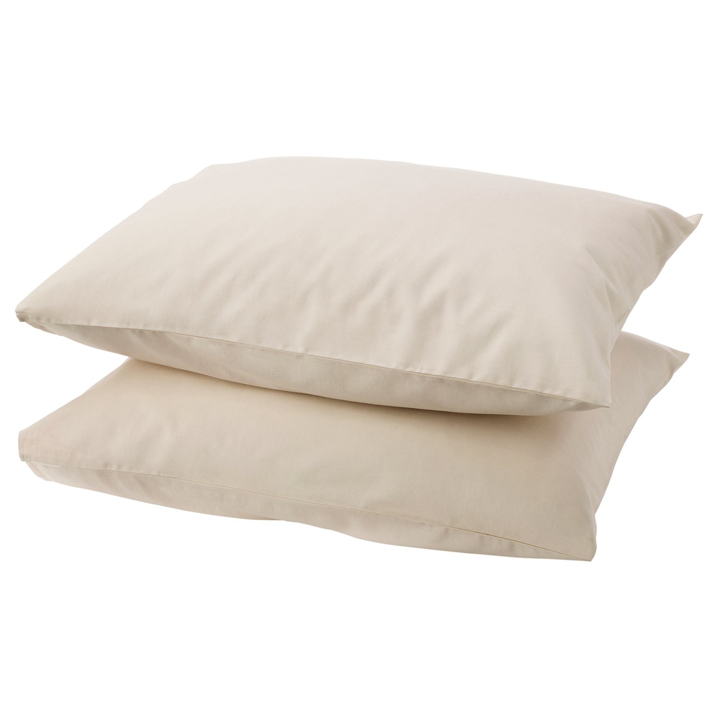 Two light beige pillows stacked, square shape, plain design, made from 100% cotton.